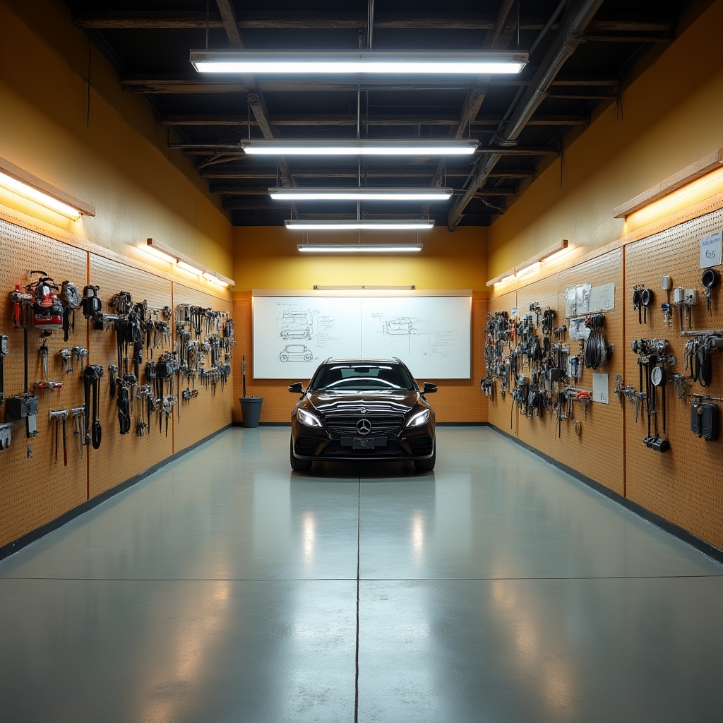 Interno del garage didattico attrezzato per il corso di manutenzione auto