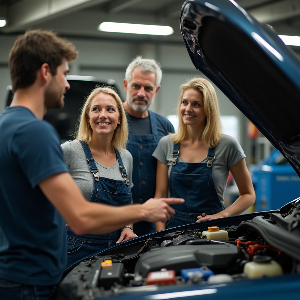 Partecipanti al corso pratico di manutenzione auto in garage didattico